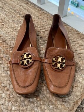 Tory Burch Tan Leather Logo Loafers with Gold Medallion